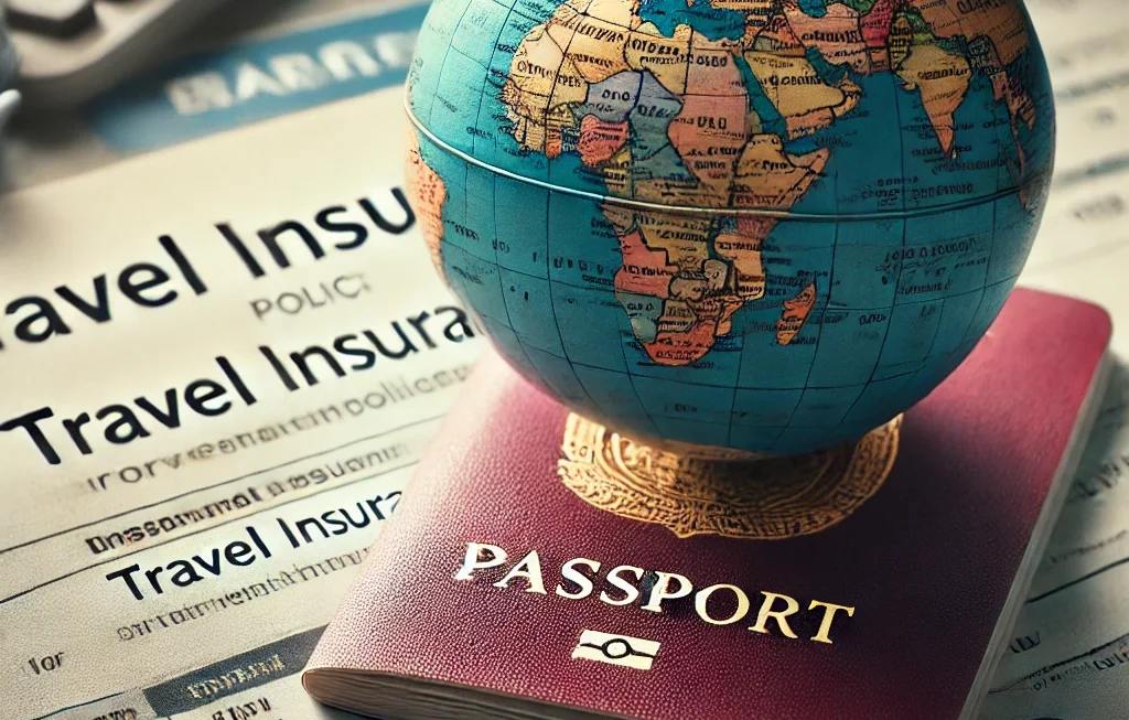 A globe, passport, and travel insurance policy document symbolizing securing travel insurance for international trips.