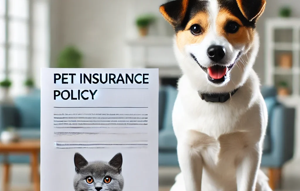 A happy pet with an insurance policy document, representing the best pet insurance options.