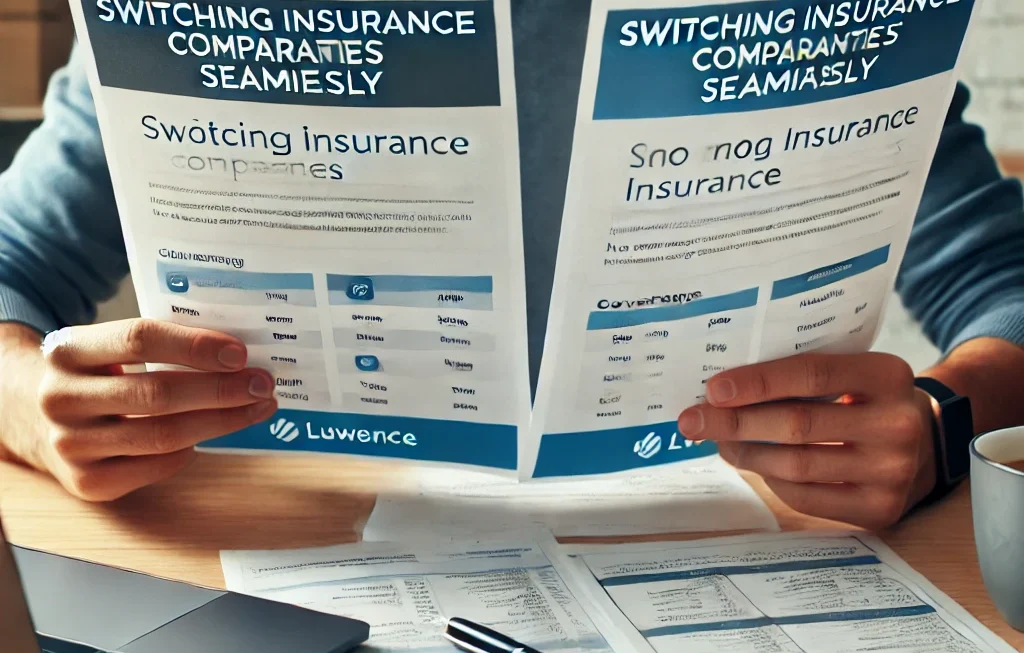 A person reviewing insurance documents while switching companies seamlessly, without losing coverage.