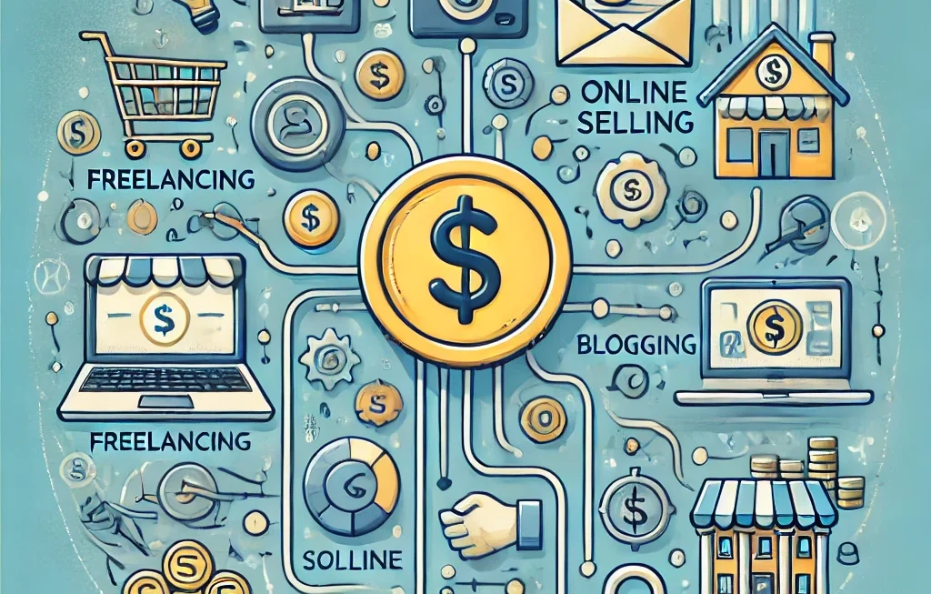 Illustration showing various side hustles that help build multiple streams of income, symbolizing financial freedom and diversification.