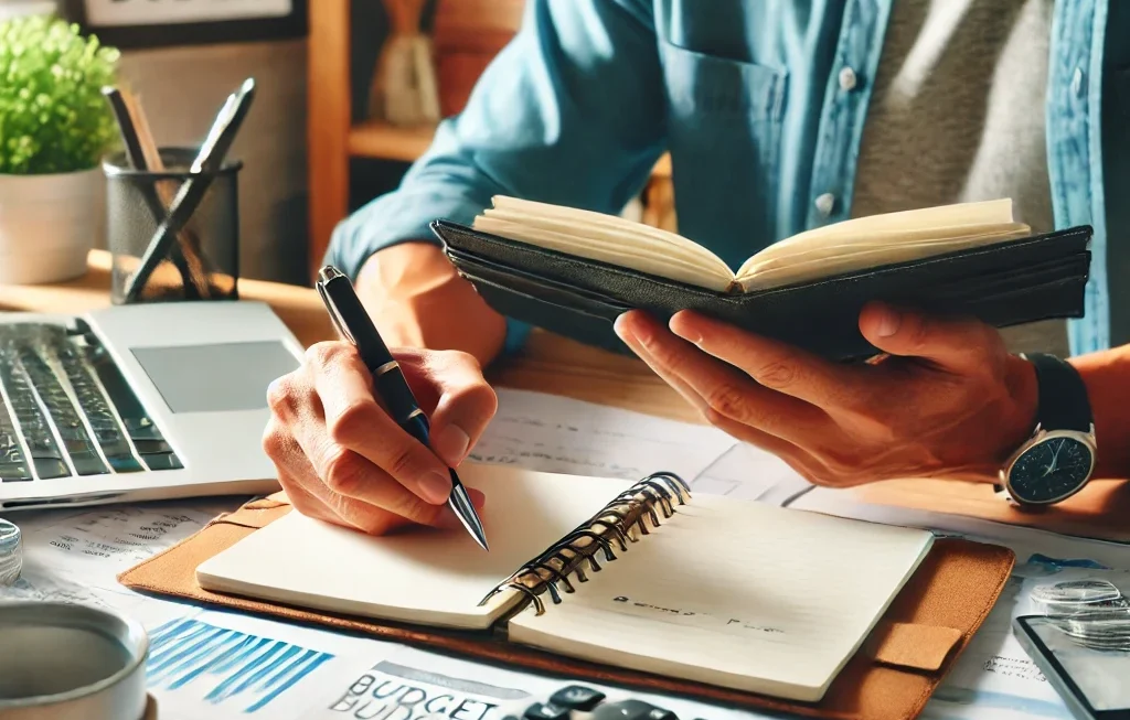 A person planning finances with a notebook and laptop, working towards financial independence in their 30s.